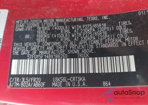 2011 Toyota Tundra Grade 5.7L V8 из США, поврежденный, VIN 5TFUY5F14BX186269